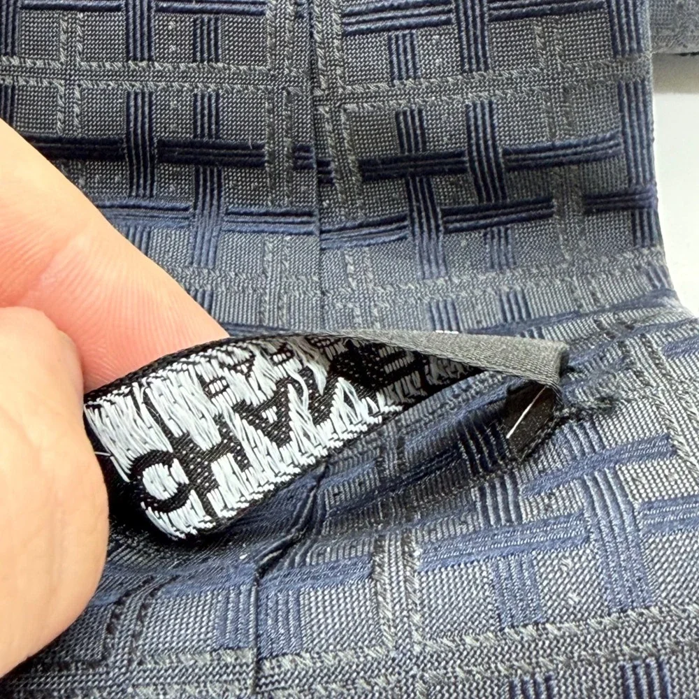 Vintage Chanel Paris Silk Tie Navy Blue Woven Basketweave Pattern Made in Italy